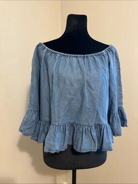 Zara Indigo Ruffle Peasant Blouse